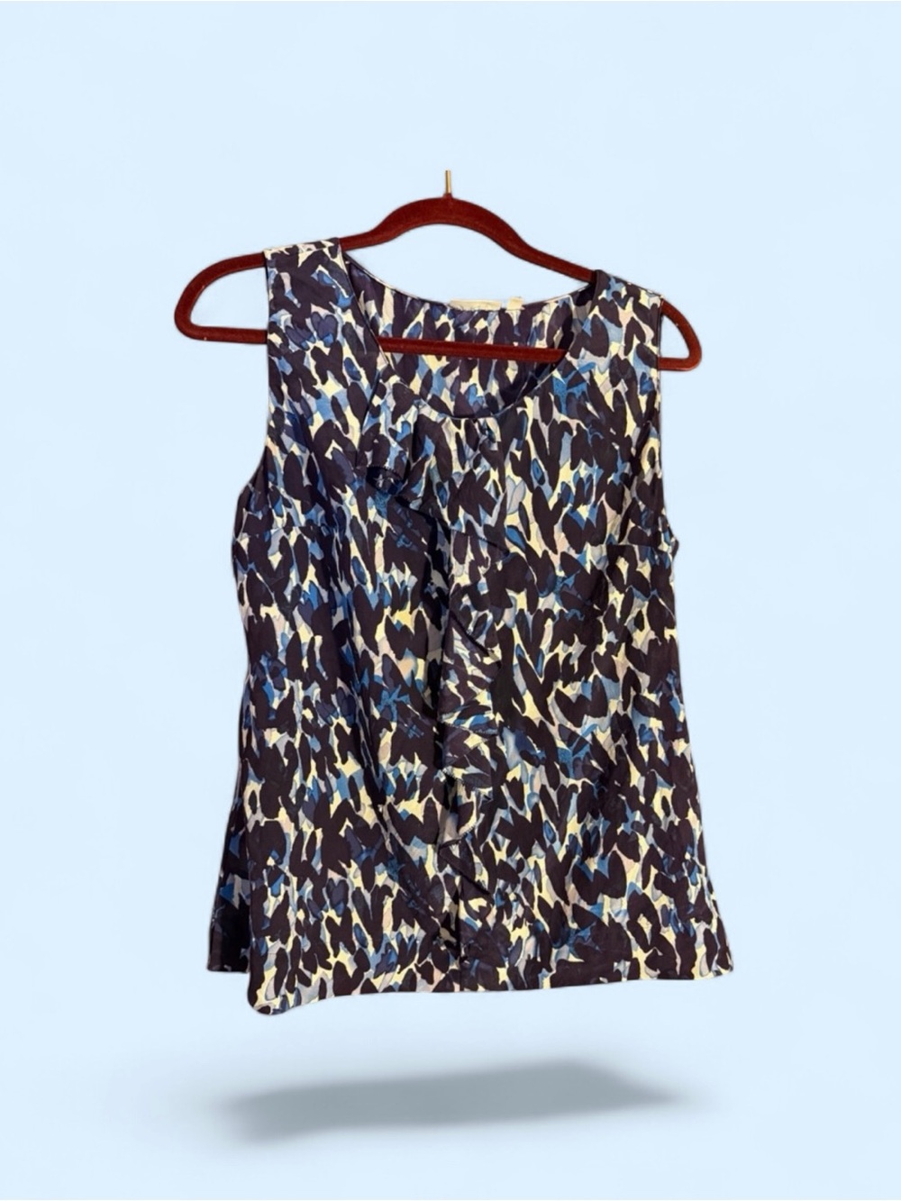 Halogen Black White Blue AbstractPrint Sleeveless Silk Ruffle Neck Top Sz L